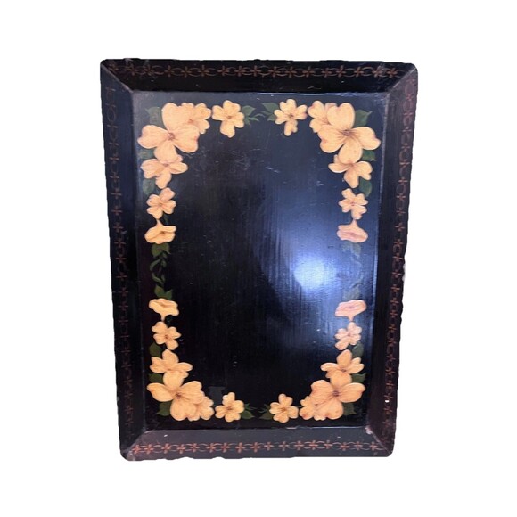 Vintage Black Metal Toleware Tray Hand Painted Gold Floral Dogwood Cottagecore - Picture 2 of 7